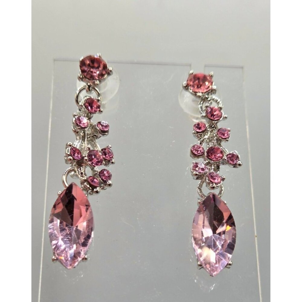Pink Rhinestone Dangle Earrings With Silver-Tone Setting & Marquise-Cut Drop Des